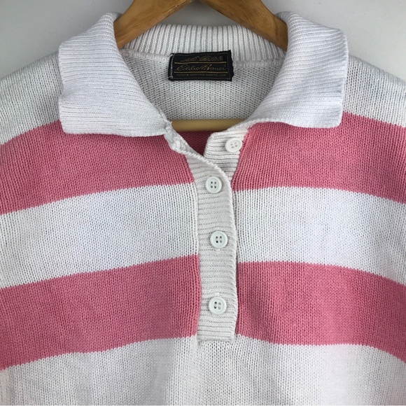 VTG Eddie Bauer Short Sleeve Sweater Made in USA Pink Stripe Half Button - Picture 2 of 14